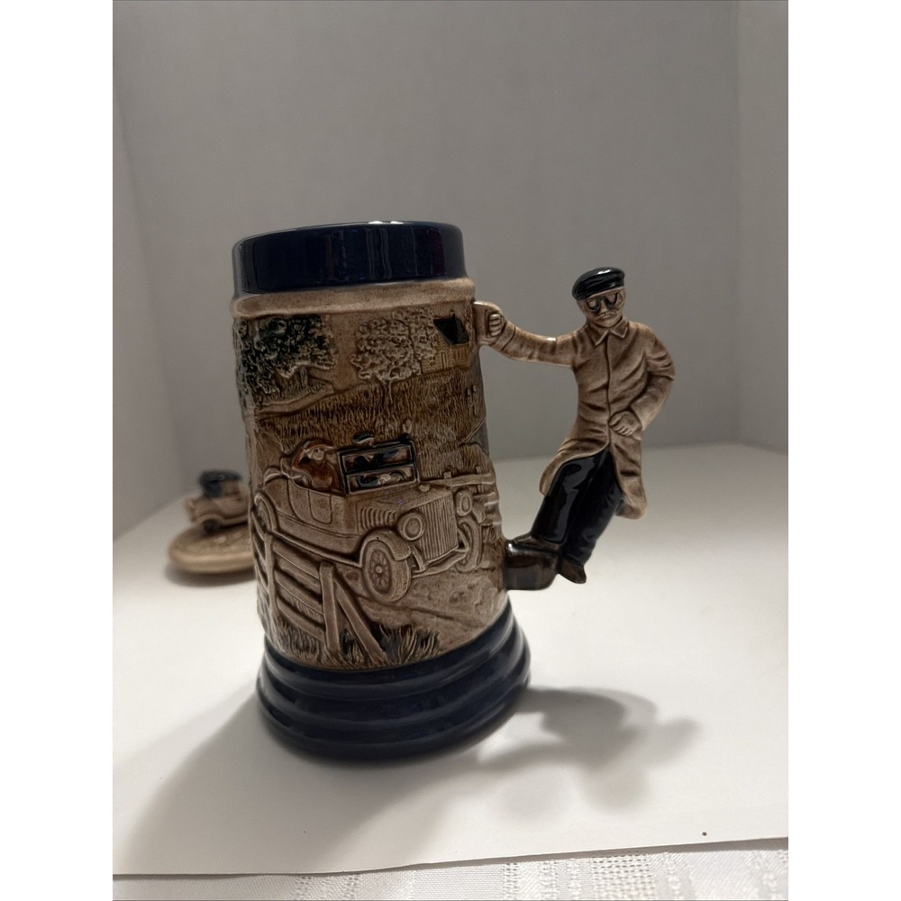 Vintage Ceramic Beer Stein with Lid Figural Handle Classic Car 3D Relief Blue